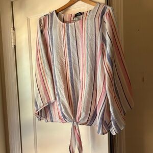 Beautiful Pink, Blue, and White Striped Blouse with Tie Front